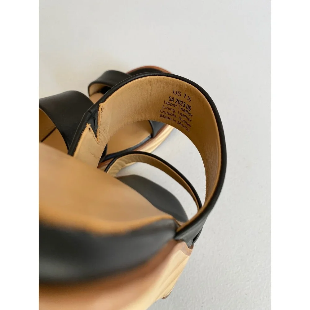 Nisolo NEW Double Strap Wood Bottom Heels Sandal Black Leather Slide Women‎ 7.5